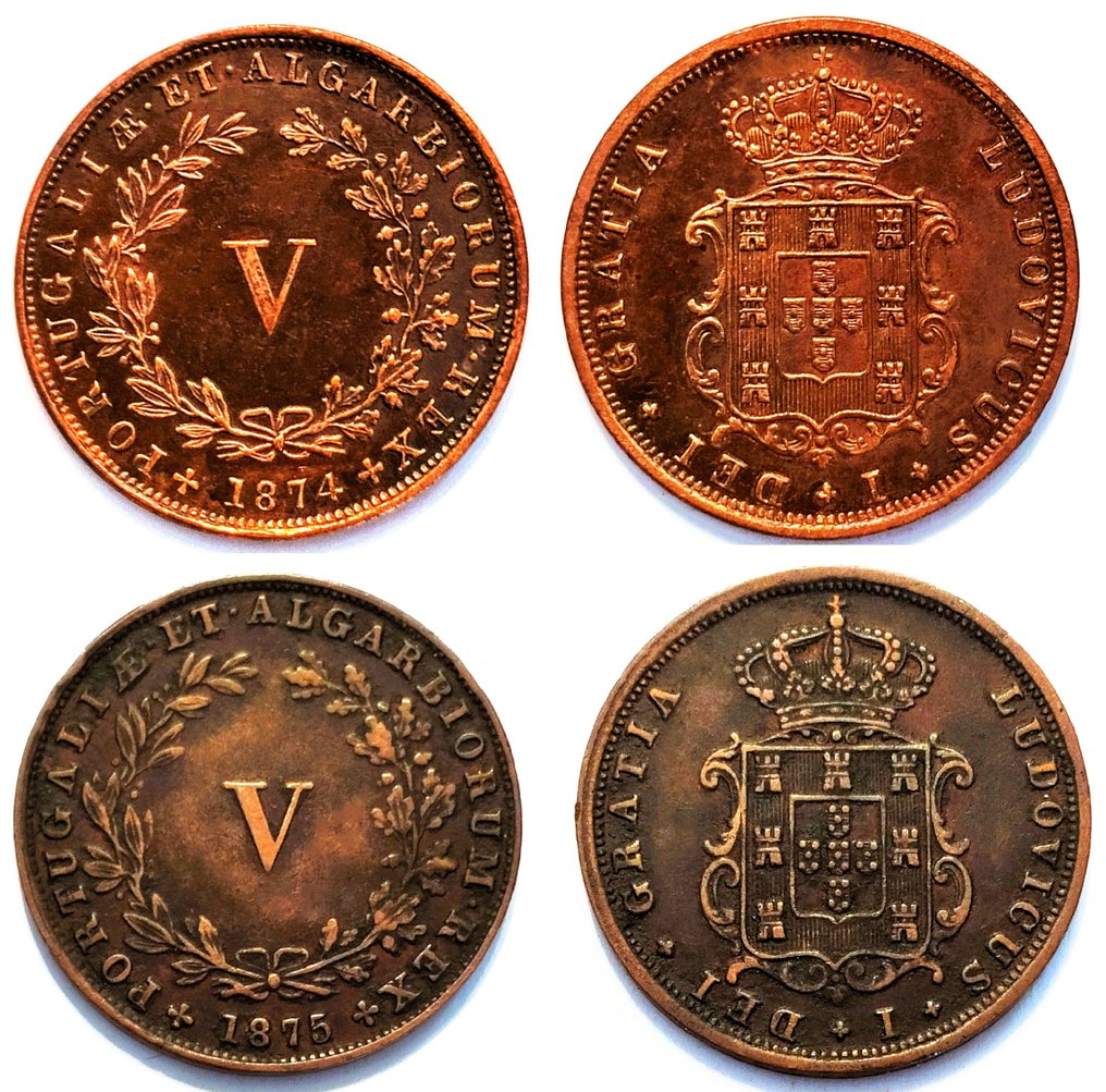Portugal. D. Luís I (1861-1889). V Reis - 1874 + 1875  - Cobre  (No Reserve Price) #1.0