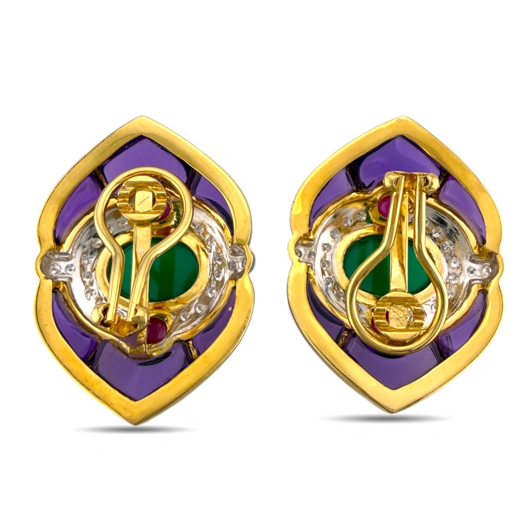 Drop fülbevaló - 18 kt. Sárga arany, Exkluzív 18 karátos sárga arany 1,00 karátos gyémánt, smaragd és rubin nagy fülbevalók - 1.00ct. tw. Gyémánt (Természetes) #4.3