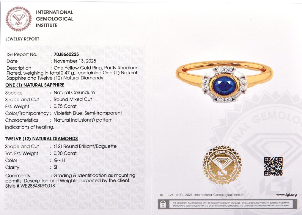 戒指 - 14K包金 黄金 -  0.95ct. tw. 蓝宝石 - 钻石 #2.1