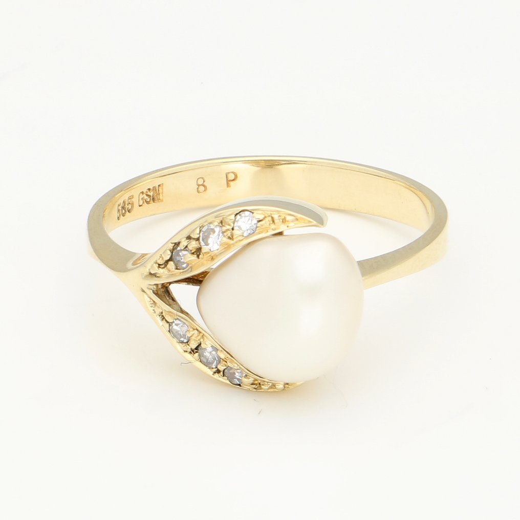 戒指 - 14K包金 黄金 钻石 (天然) - 珍珠 #1.0