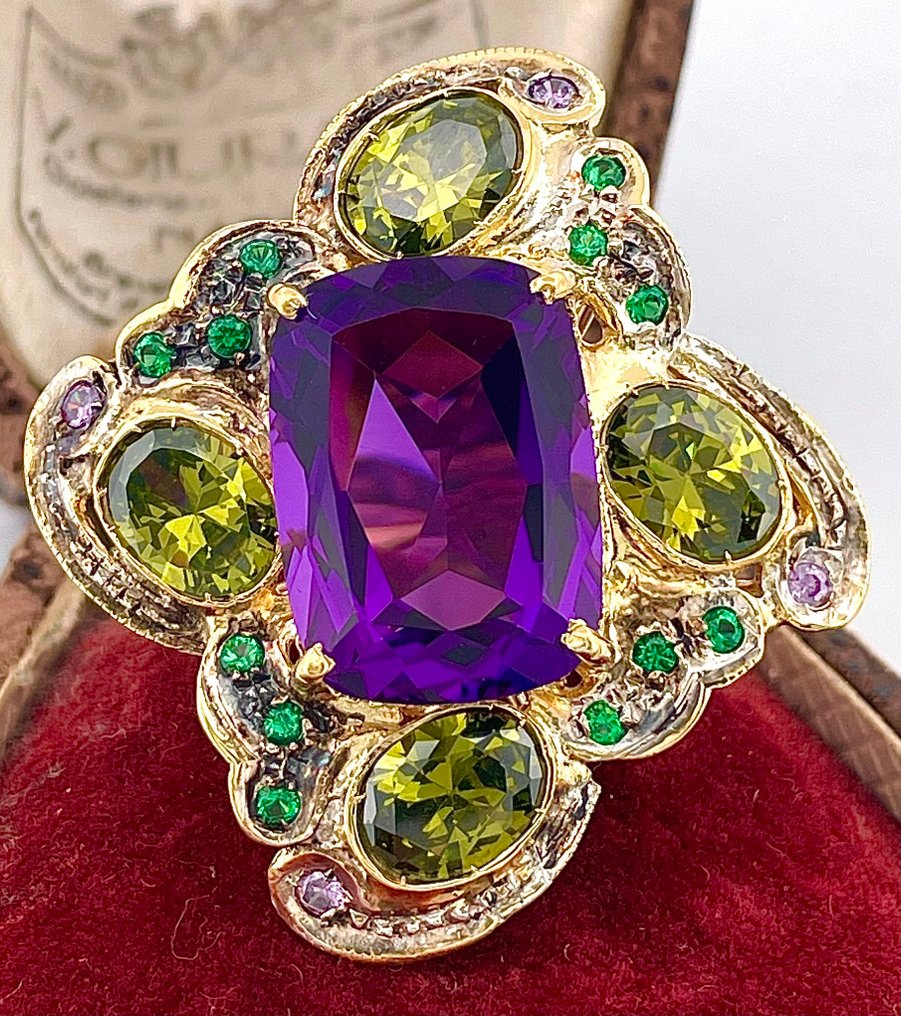 没有保留价 - 戒指 - 9 kt. 黄金, 银 紫水晶 - 祖母绿 #1.0