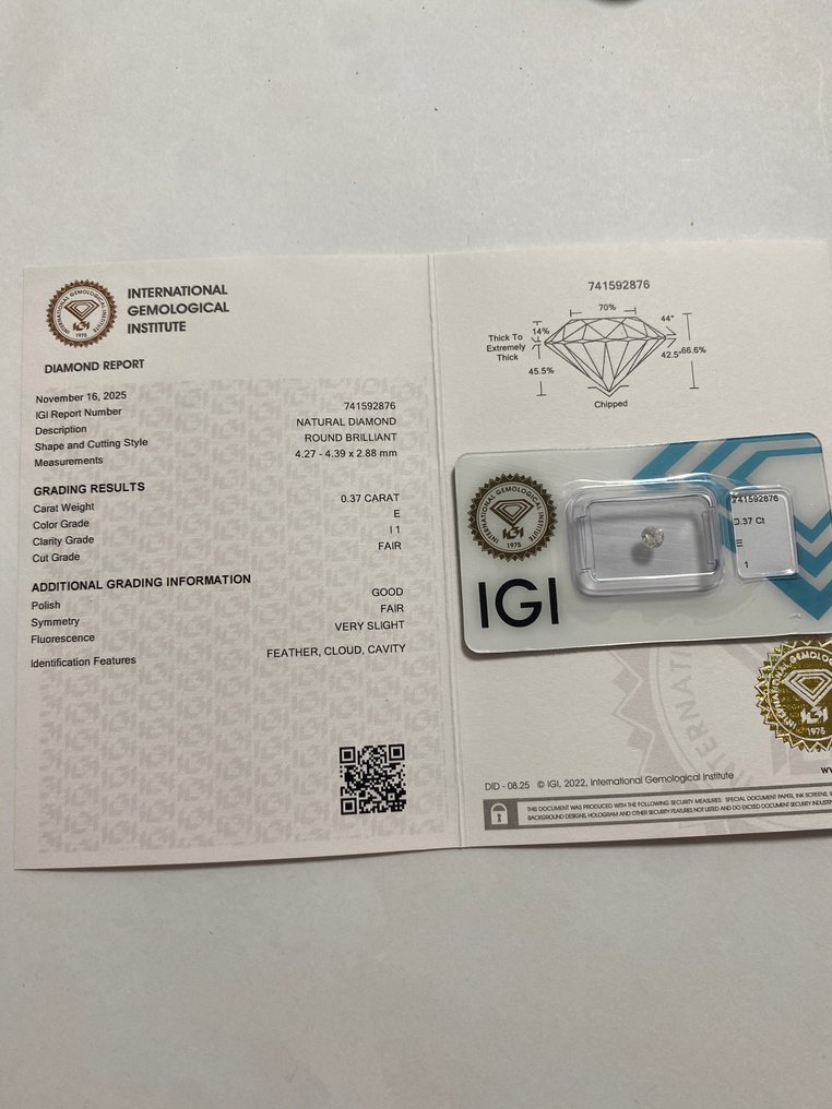 没有保留价 - 1 pcs 钻石  (天然)  - 0.37 ct - 圆形 - E - I1 内含一级 - 国际宝石研究院（IGI） #4.3