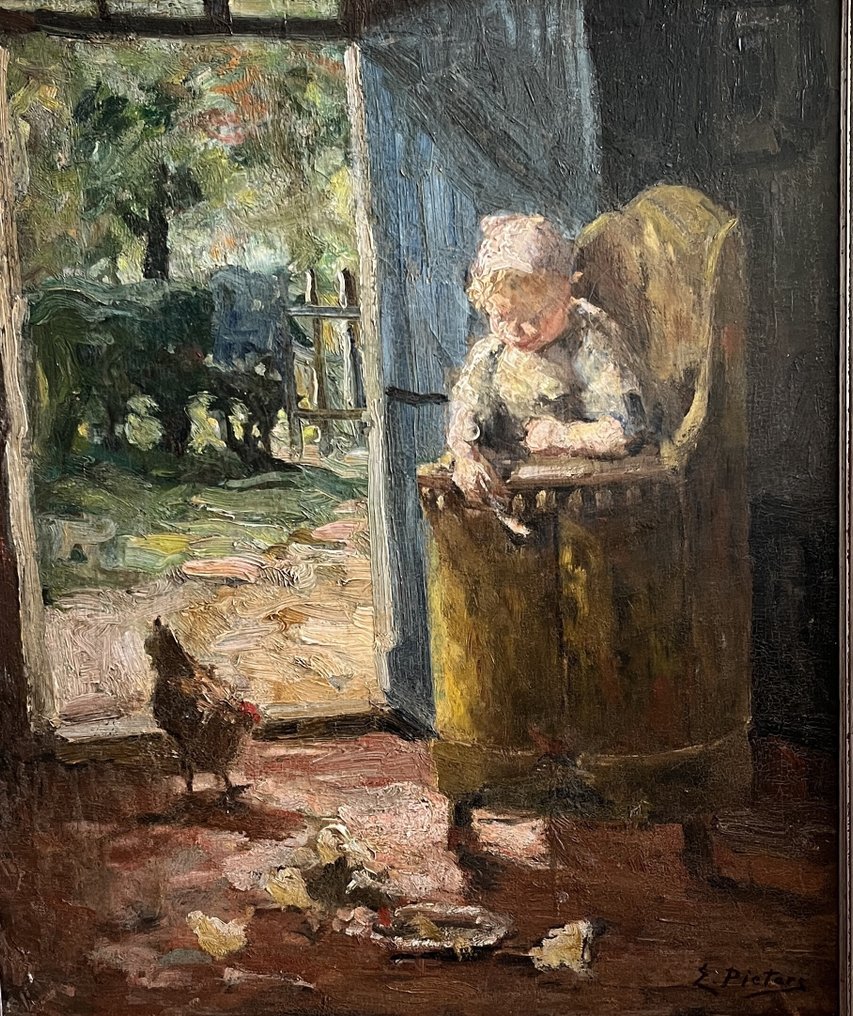 Evert Pieters (1856-1932) - Meisje in klederdracht in kinderstoel #1.0
