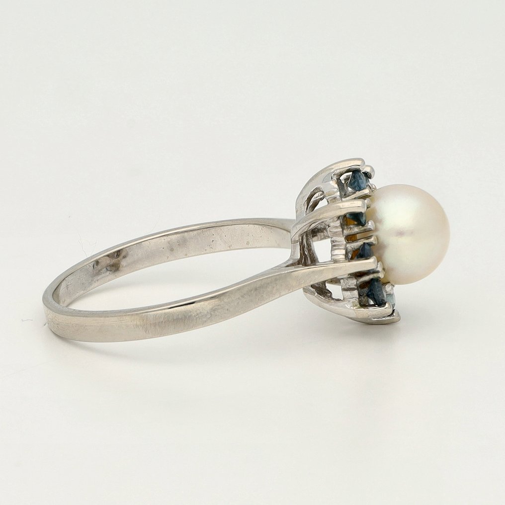 戒指 - 14 克拉 白金 堇青石 - 珍珠 #4.3