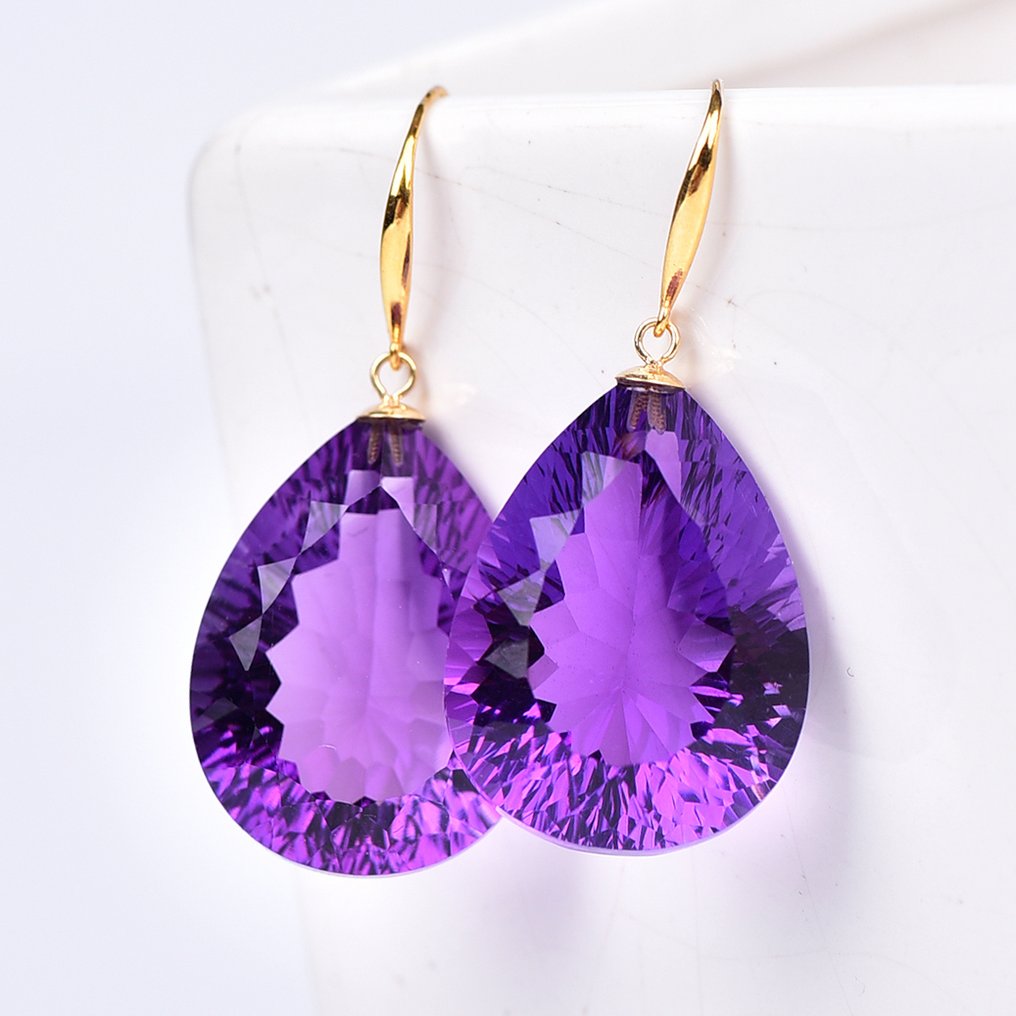 χωρίς τιμή ασφαλείας - Σκουλαρίκια - 18 καράτια Κίτρινο χρυσό Αμέθυστος - ALGT Πιστοποιημένο #1.0