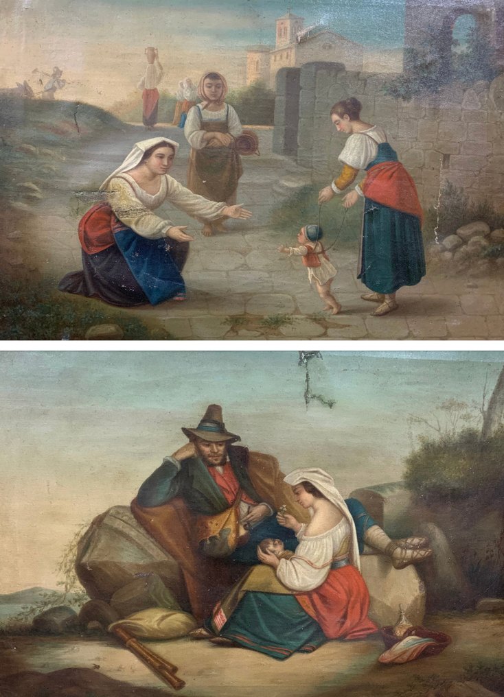 Luigi Tagliani (XIX), scuola di - Coppia di scene di campagna con personaggi #1.0