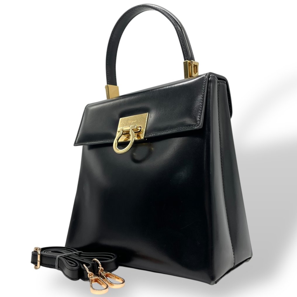 Salvatore Ferragamo - Gancini Structured Top Handle 2-Way Black Leather Formal Handbag with Gold-Plated Hardware - 手提包 #1.0