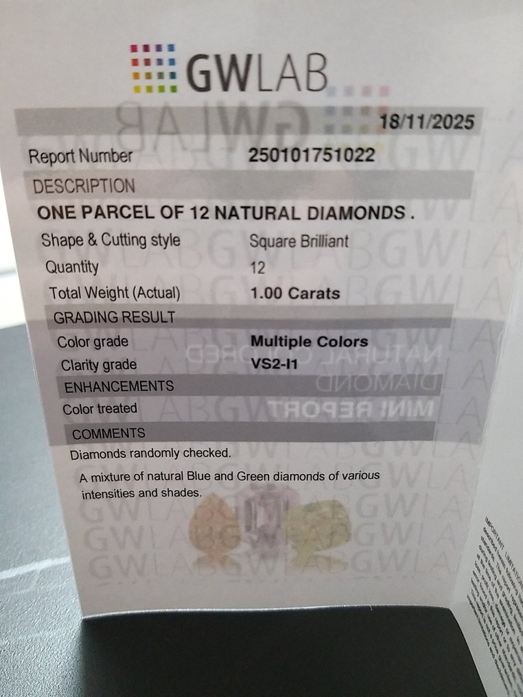 没有保留价 - 12 pcs 钻石  (经彩色处理)  - 1.00 ct - 方形 蓝色, 绿色 - VS2 轻微内含二级, I1 内含一级 - Gemewizard宝石实验室（GWLab） #2.1