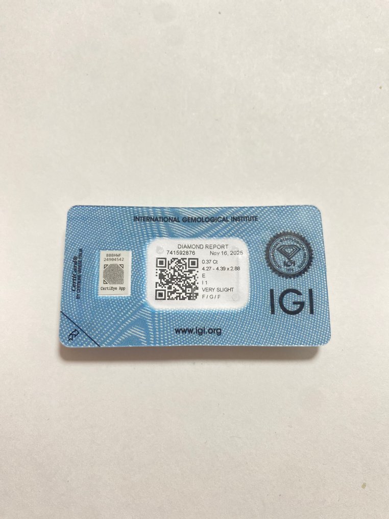 没有保留价 - 1 pcs 钻石  (天然)  - 0.37 ct - 圆形 - E - I1 内含一级 - 国际宝石研究院（IGI） #2.1