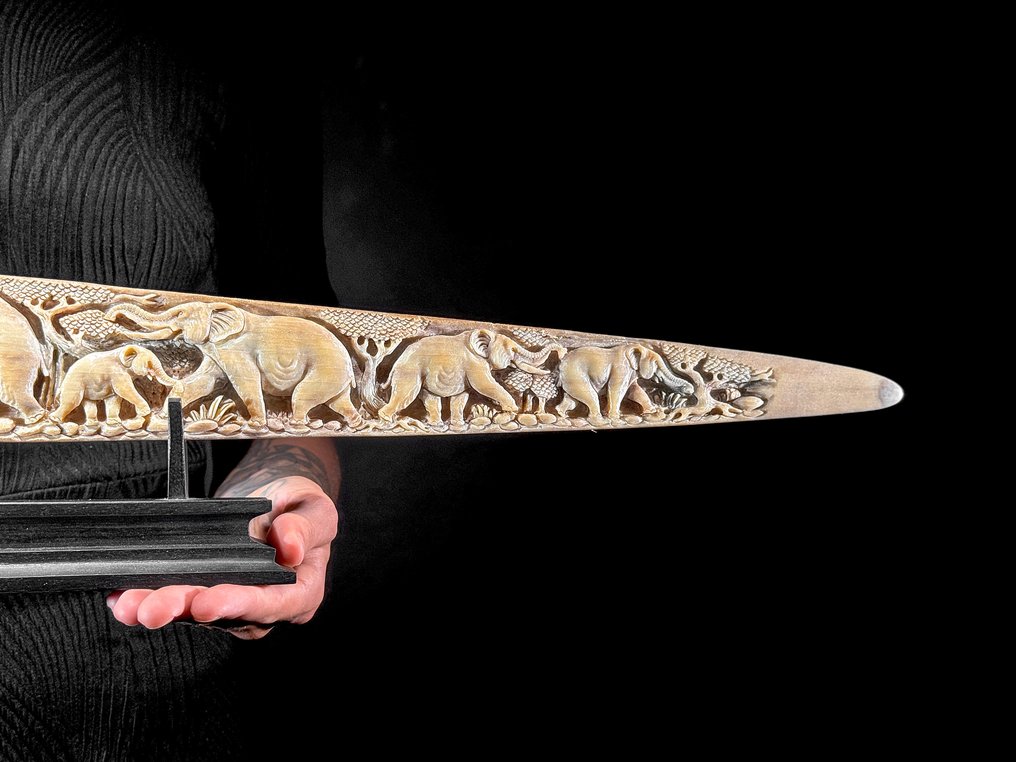 NO RESERVE PRICE - Stunning Large carved Swordfish Tusk - Elephants Motif - Rostrum - Xiphias Gladius - 15 cm - 82 cm - 6 cm- Non-CITES species - (1) #3.2