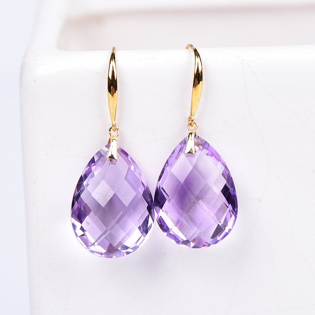Zonder minimumprijs - Oorbellen - 18 karaat Geel goud Amethist - ALGT Certified #1.0