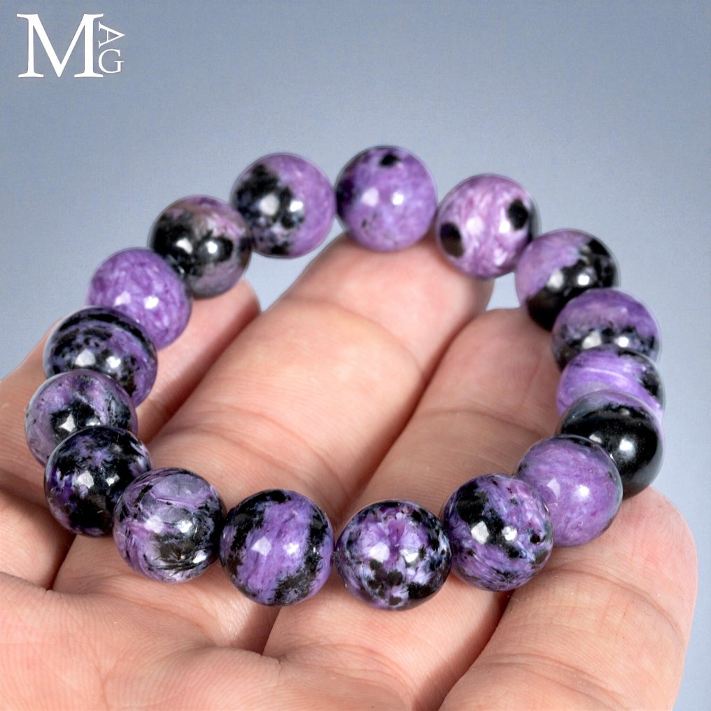 Rare Charoite of first-choice quality (AAA) Siberian Charoite AAA Bracelet - 11.5mm Beads - Height: 195 mm - Width: 11.5 mm- 37 g #2.1