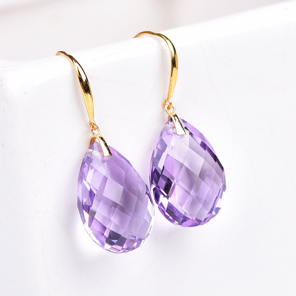 Zonder minimumprijs - Oorbellen - 18 karaat Geel goud Amethist - ALGT Certified #3.2