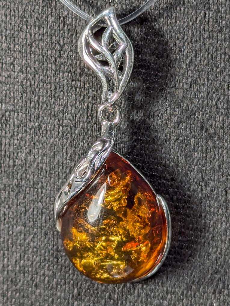 Εξαιρετικό ασημένιο μενταγιόν 925, με φυσική Βαλτική ρητίνη, από τη Σουηδία. - Κρεμαστό κόσμημα #1.0