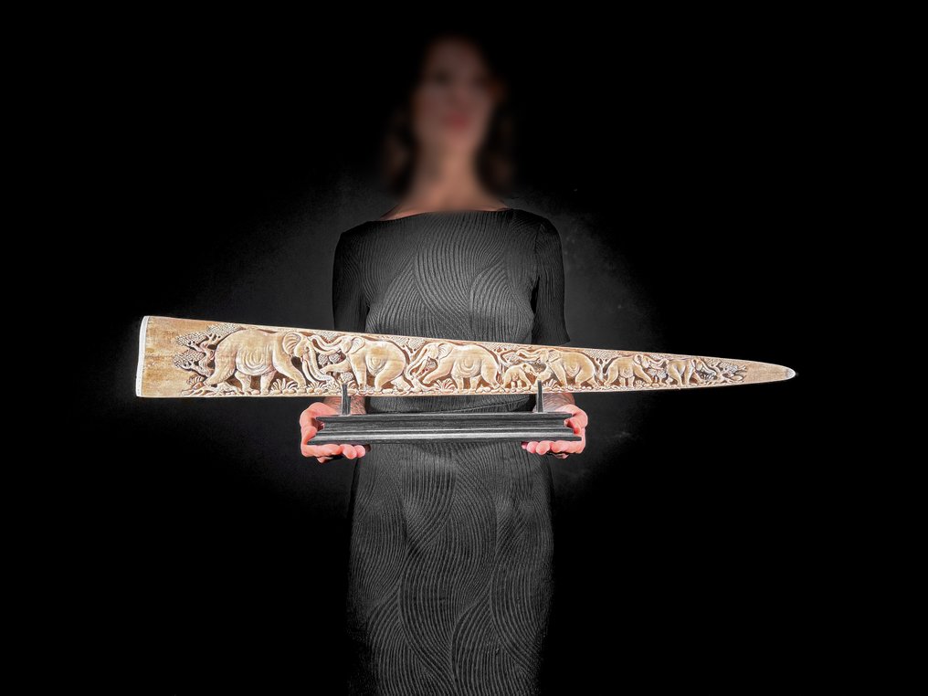 NO RESERVE PRICE - Stunning Large carved Swordfish Tusk - Elephants Motif - Rostrum - Xiphias Gladius - 15 cm - 82 cm - 6 cm- Non-CITES species - (1) #1.0