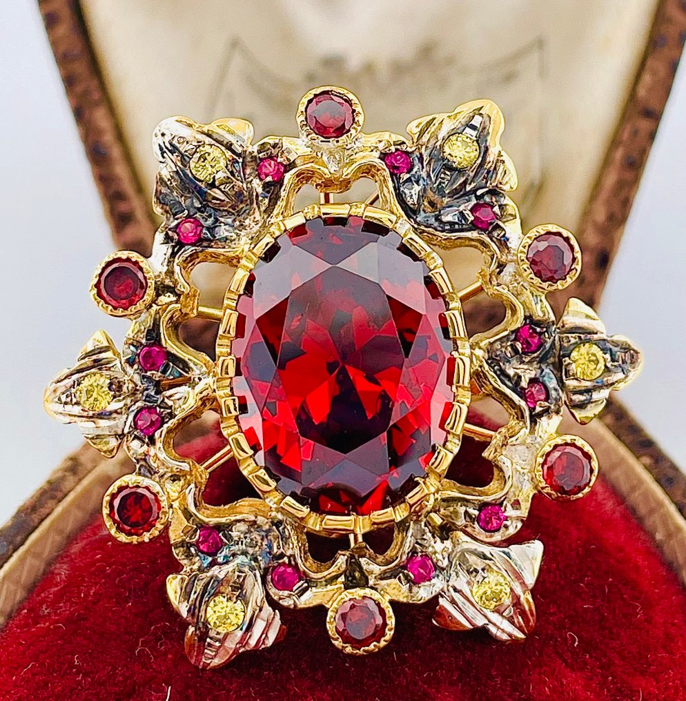 沒有保留價 - 戒指 - 9 節 黃金, 銀 石榴石 - 紅寶石 #1.0