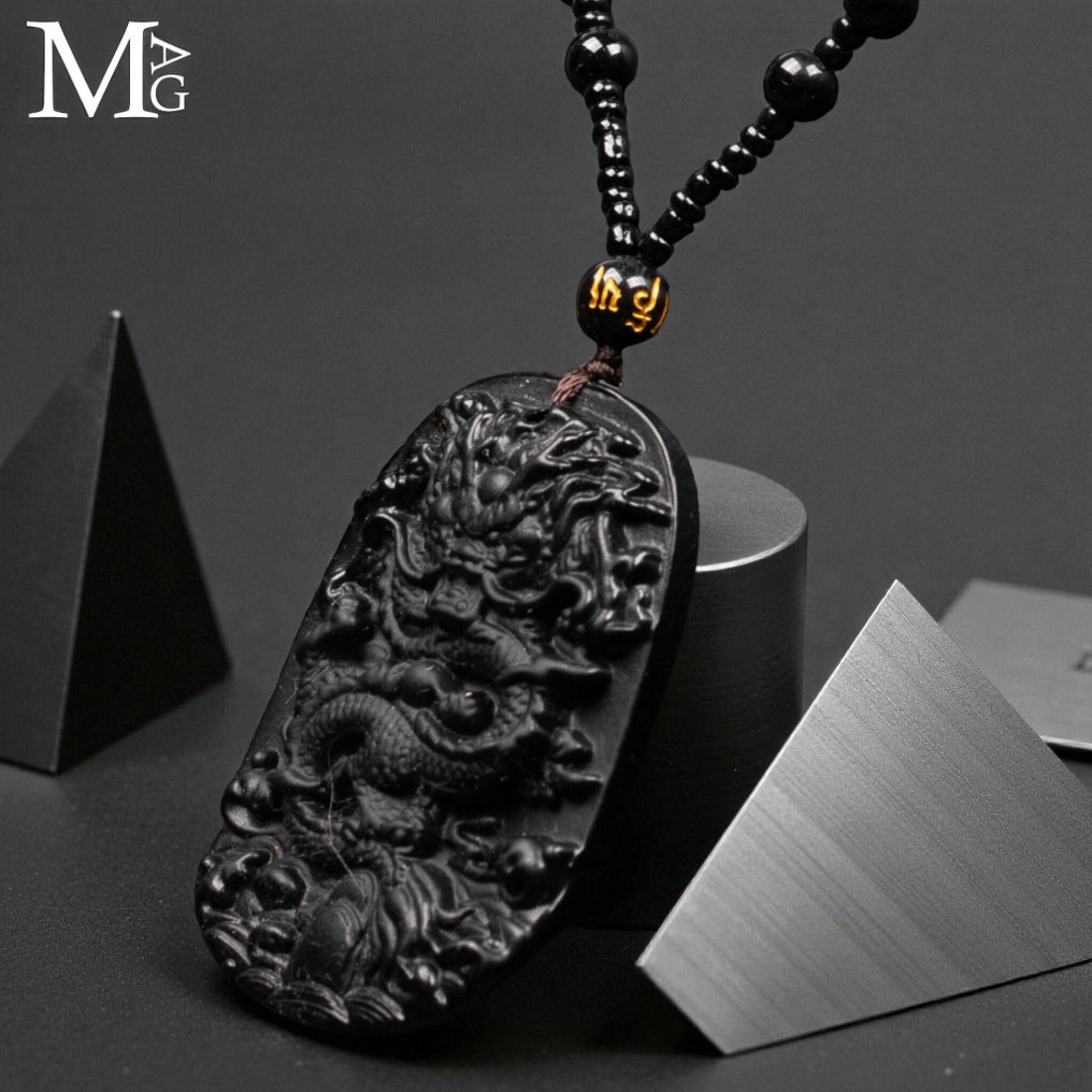 Dragon Guardian Necklace in Polished Black Onyx - Height: 380 mm - Width: 56 mm- 56 g #4.3