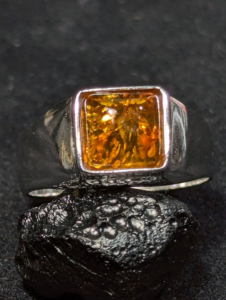 美丽的925银戒指,配有天然波罗的海琥珀,来自瑞典。 - 戒指 #1.0