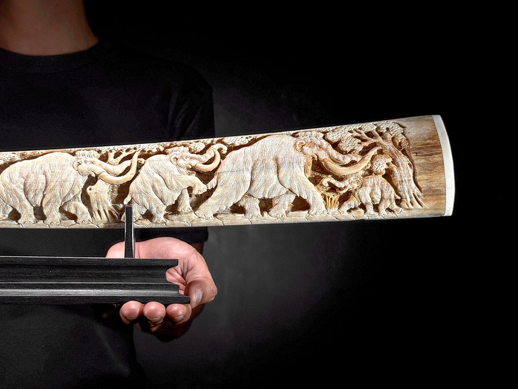 NO RESERVE PRICE - Large Carved Swordfish Tusk on stand - Pre-Historic Wildlife Motif- Rostrum on stand - Xiphias Gladius - 15 cm - 87 cm - 6 cm- Non-CITES species - (1) #3.2