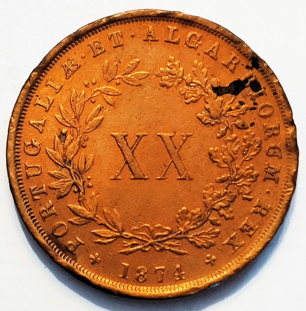 Portugal. D. Luís I (1861-1889). XX Reis - 1874 - 4 com Pé - Escassa - Cobre (Ingen reservasjonspris) #1.0