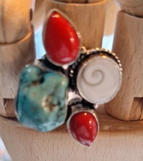 没有保留价 - 戒指 银 绿松石 - 珊瑚 - 珊瑚和绿松石戒指 #4.3