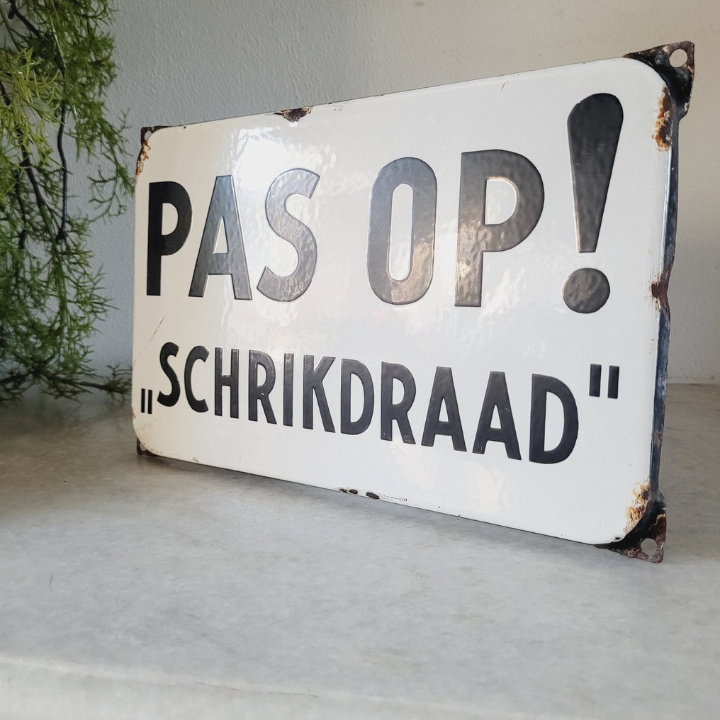 Pas Op! Schrikdraad, Langcat Bussum, 1950 - Advertising sign - Enamel #3.2
