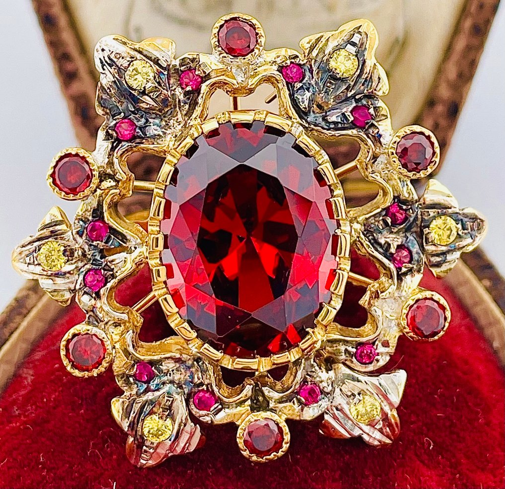 沒有保留價 - 戒指 - 9 節 黃金, 銀 石榴石 - 紅寶石 #1.0