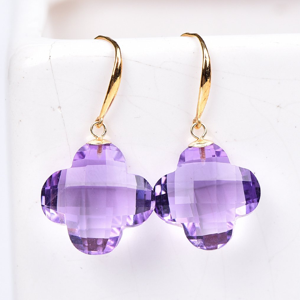 Nincs minimálár - Drop fülbevaló - 18 kt. Sárga arany Ametiszt - ALGT Tanúsítva #1.0