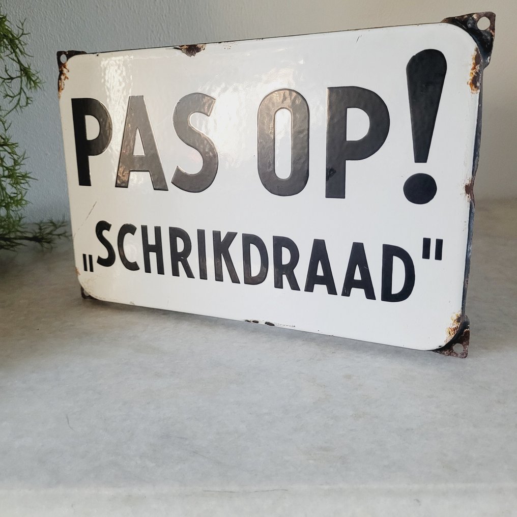 Pas Op! Schrikdraad, Langcat Bussum, 1950 - Advertising sign - Enamel #1.0