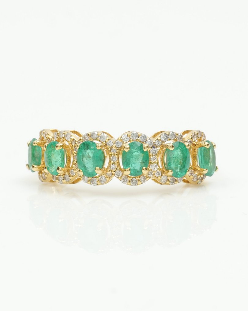 Bague d'éternité - 14 carats Or jaune - 1.20ct. tw. Émeraude - Diamant - Bague à bande en pierre précieuse verte #1.0