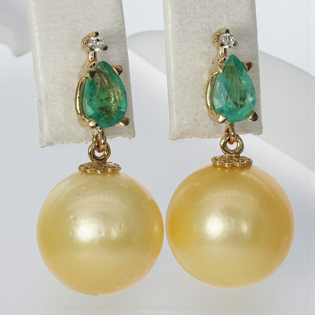 χωρίς τιμή ασφαλείας - G&J - Σκουλαρίκια - 14 καράτια Κίτρινο χρυσό Σμαράγδι - Μαργαριτάρι - Σμαράγδια, SSP, Διαμάντια #2.1