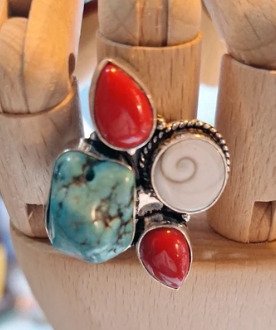 没有保留价 - 戒指 银 绿松石 - 珊瑚 - 珊瑚和绿松石戒指 #3.2