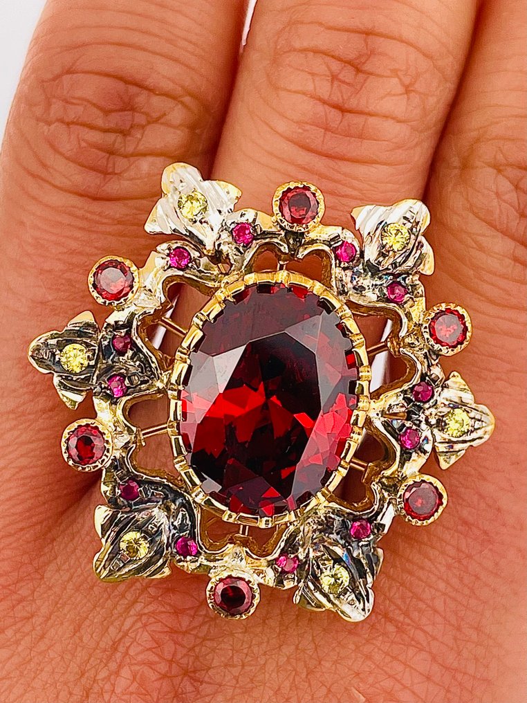 沒有保留價 - 戒指 - 9 節 黃金, 銀 石榴石 - 紅寶石 #2.1