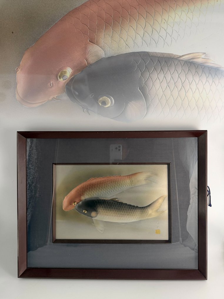 Couple of Koi Carp - 浮雕 游泳两条锦鲤, 青銅色 - 日本  (沒有保留價) #1.0