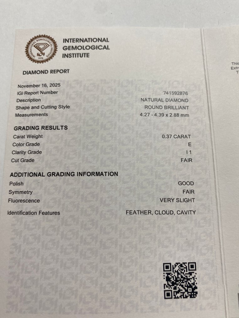 没有保留价 - 1 pcs 钻石  (天然)  - 0.37 ct - 圆形 - E - I1 内含一级 - 国际宝石研究院（IGI） #3.2