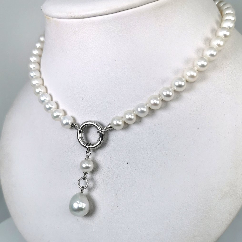 项链 银 珍珠 - 珍珠 - SSP & Fwp Ø7x12,2mm #3.2