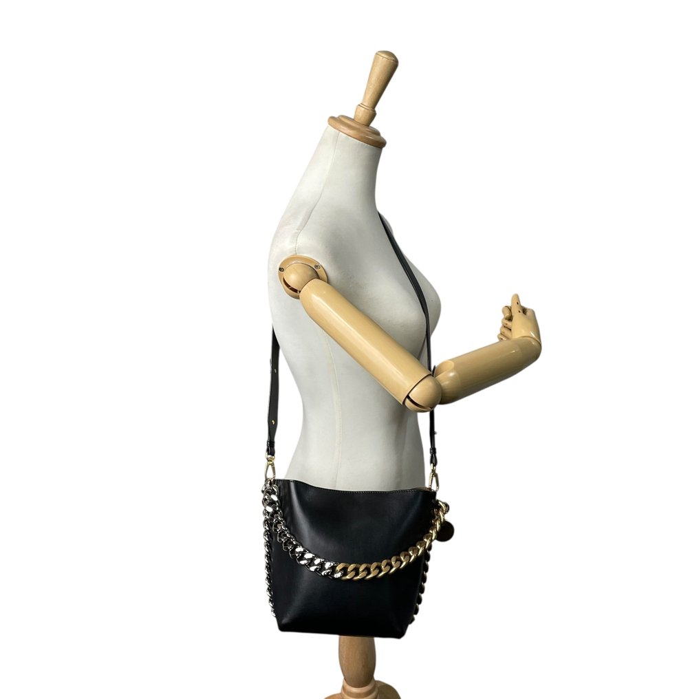 Stella McCartney - Black Faux Leather 2-Way Chain Shoulder and Handbag with Bi-Color Chain Detail - Borsa a spalla #3.2