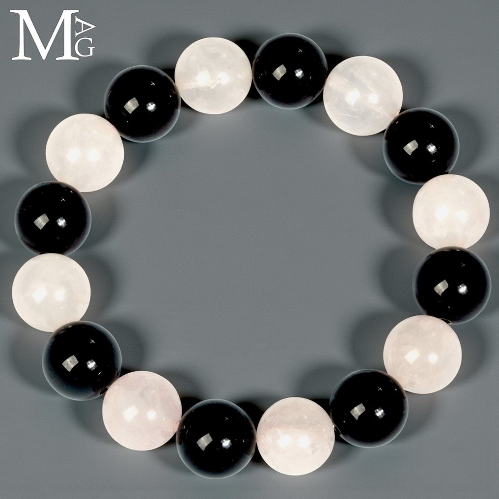 Rose Quartz and Black Onyx Bracelet – 12.5 mm Beads - Height: 200 mm - Width: 12.5 mm- 40 g #3.2