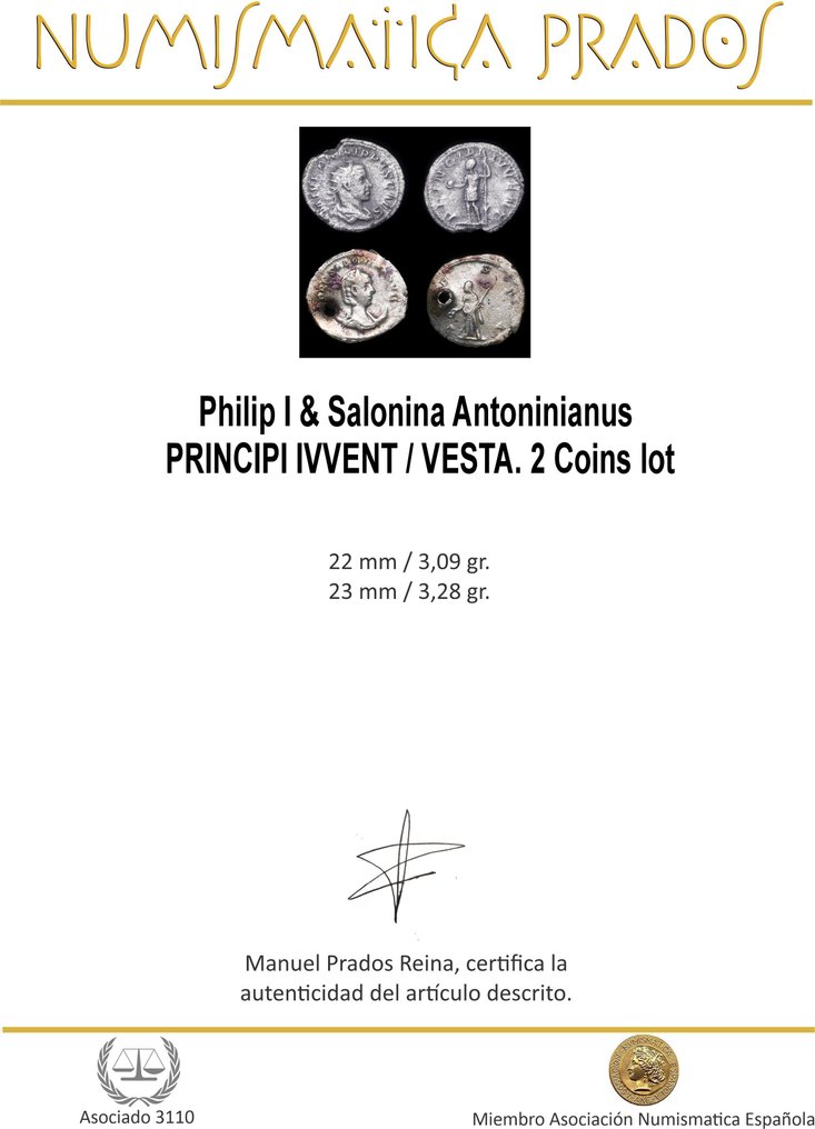罗马帝国. Philip I & Salonina. Antoninianus PRINCIPI IVVENT / VESTA. 2 Coins lot  (没有保留价) #1.0