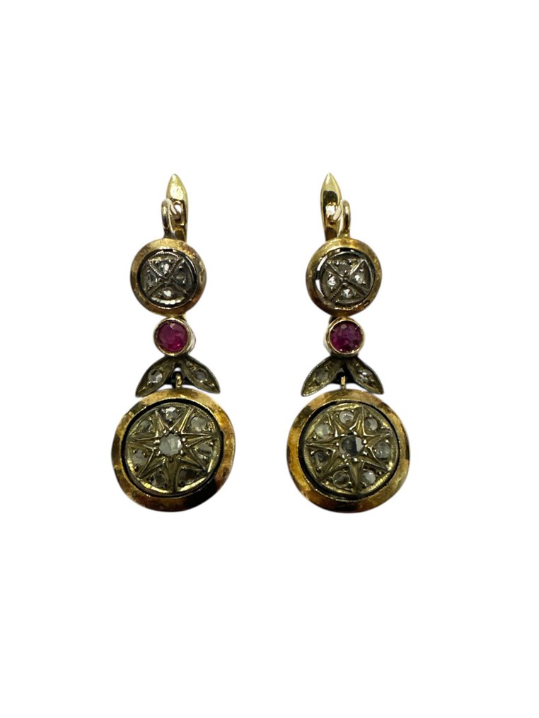 Σκουλαρίκια - 12 kt. Ροζ χρυσό Ρουμπίνι - Διαμάντι #1.0