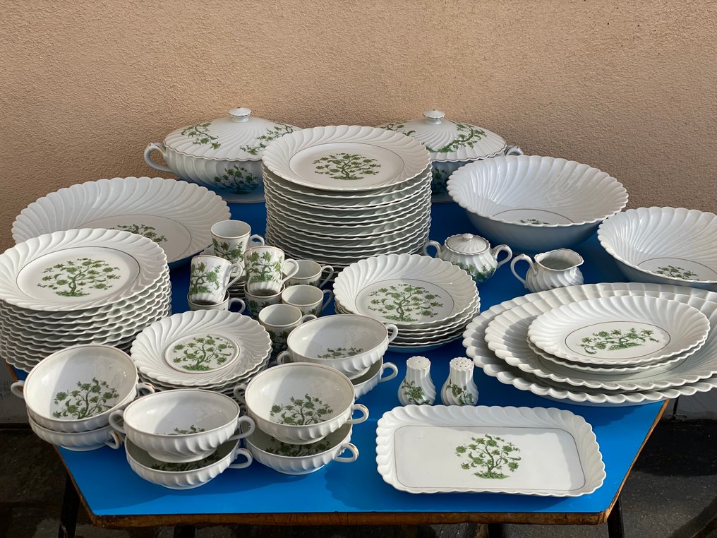 Haviland - Limoges - “Vigne Verte” o “Green Vine / Feuillage Vert” - Bord-service (81) - Porselen, Keramikk - Botanico i vifteform #1.0