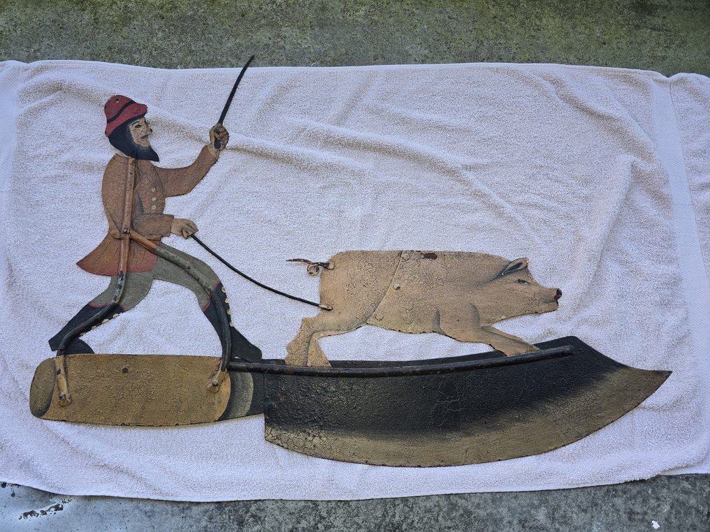 Man with pig on sled. - Sign - White Metal #1.0