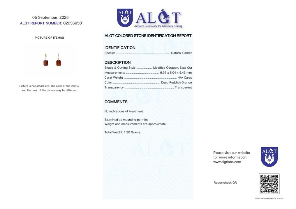 χωρίς τιμή ασφαλείας - Σκουλαρίκια - 18 καράτια Κίτρινο χρυσό Γρανάτης - ALGT Πιστοποιημένο #2.1
