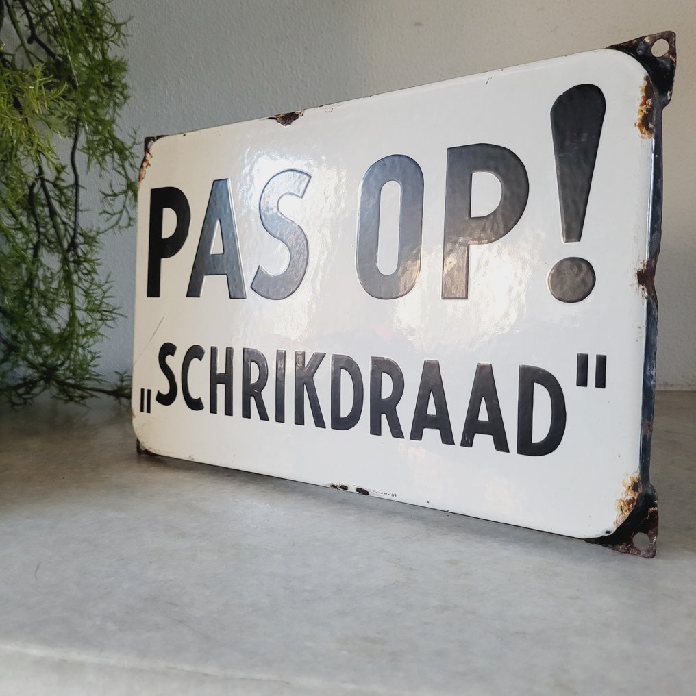 Pas Op! Schrikdraad, Langcat Bussum, 1950 - Advertising sign - Enamel #4.3