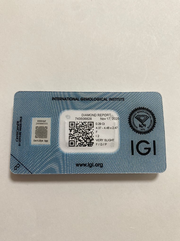没有保留价 - 1 pcs 钻石  (天然)  - 0.29 ct - 圆形 - F - I2 内含二级 - 国际宝石研究院（IGI） #2.1