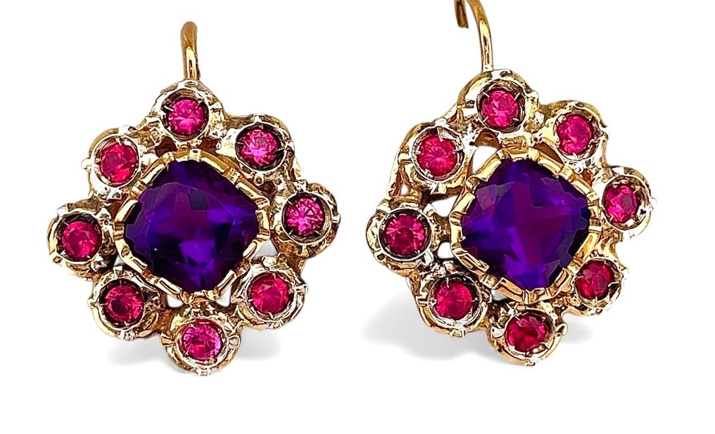 χωρίς τιμή ασφαλείας - Σκουλαρίκια - 9 kt. Κίτρινο χρυσό, Ασημί Αμέθυστος - Ρουμπίνι #1.0