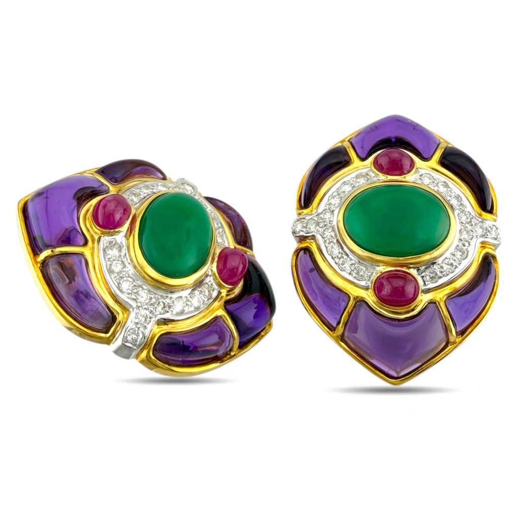 Drop fülbevaló - 18 kt. Sárga arany, Exkluzív 18 karátos sárga arany 1,00 karátos gyémánt, smaragd és rubin nagy fülbevalók - 1.00ct. tw. Gyémánt (Természetes) #1.0