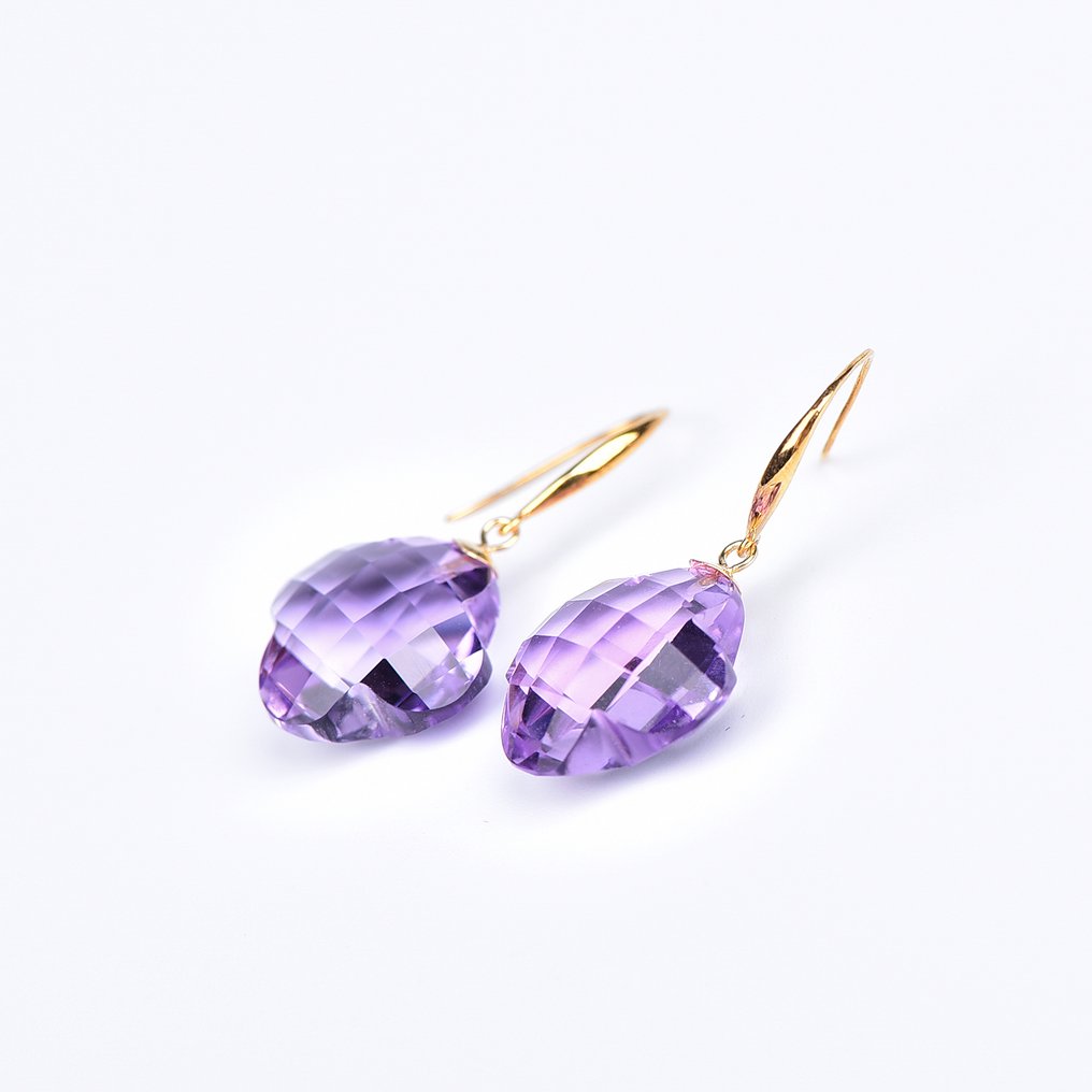 Nincs minimálár - Drop fülbevaló - 18 kt. Sárga arany Ametiszt - ALGT Tanúsítva #4.3
