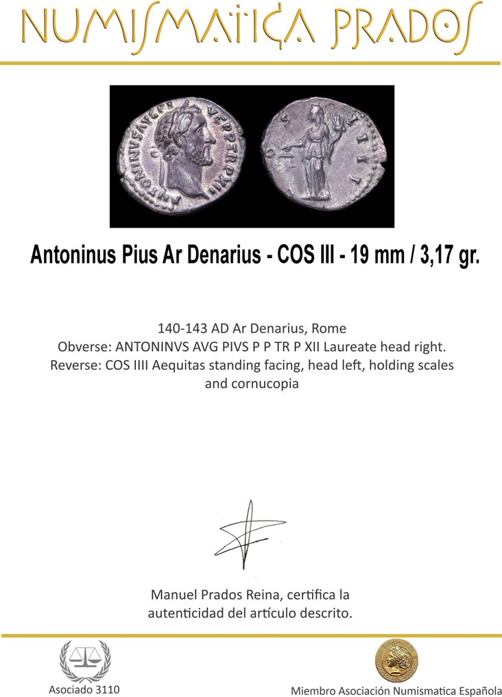 Romeinse Rijk. Antoninus Pius (138-161 n.Chr.). Denarius COS IIII (Zonder Minimumprijs) #1.0