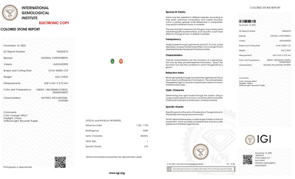 Fără preț de rezervă - 1 pcs  Verde, Maro, Purpuriu Alexandrit  - 0.63 ct - IGI (Institutul gemologic internațional) - Schimbare completă a culorii #4.3